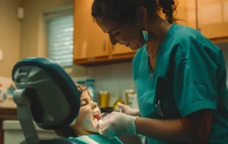 a dentist in teal scrubs comforting a young child with a toothache at shoal creek smiles clinic.